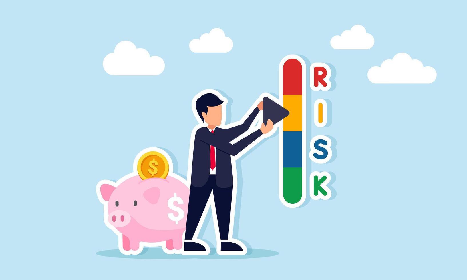 Businessman standing near a piggy bank adjusting risk level indicators illustration of risk calculation for diversified business financial investment vector