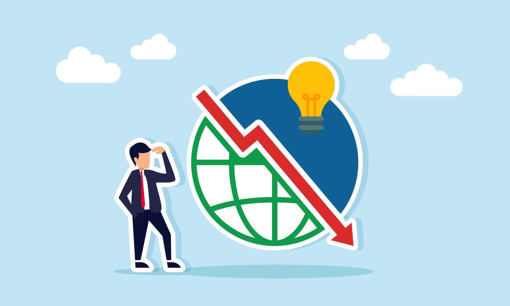 Businessman confused with downward arrow and lit lamp on globe illustration of business performance decline due to lack of innovation in business ideas vector
