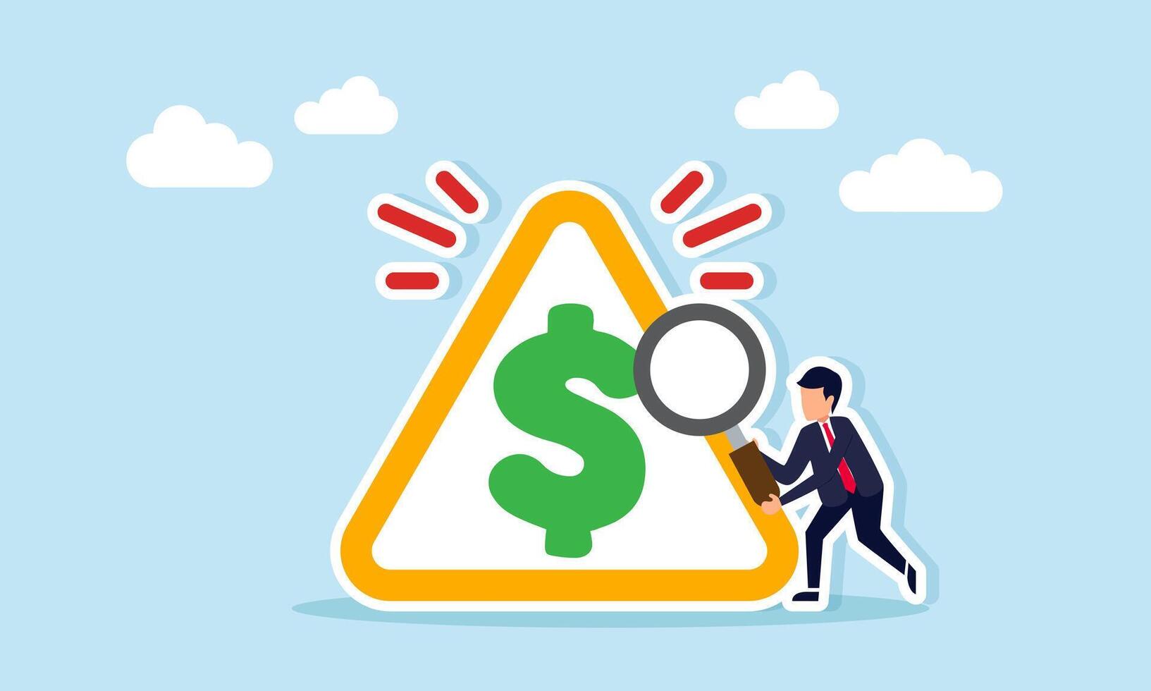 Businessman examining a sign with dollar symbols using magnifying glass illustration of research and analysis in business financial management vector