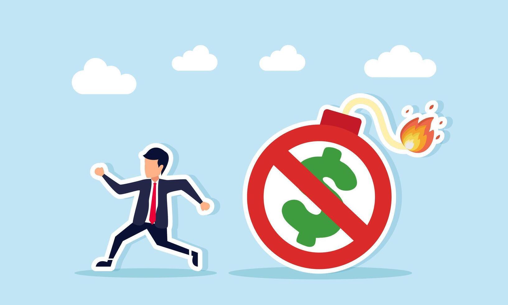 Businessman running away from a burning bomb with a cross sign on a dollar icon illustration of trapped in increasing debt interest vector