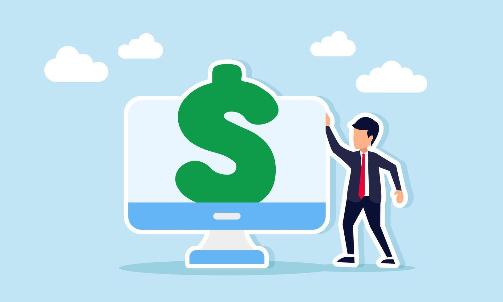 Businessman Standing Next to Monitor with Dollar Symbol Emerging from Screen Representing Business Financial Administration Illustration vector