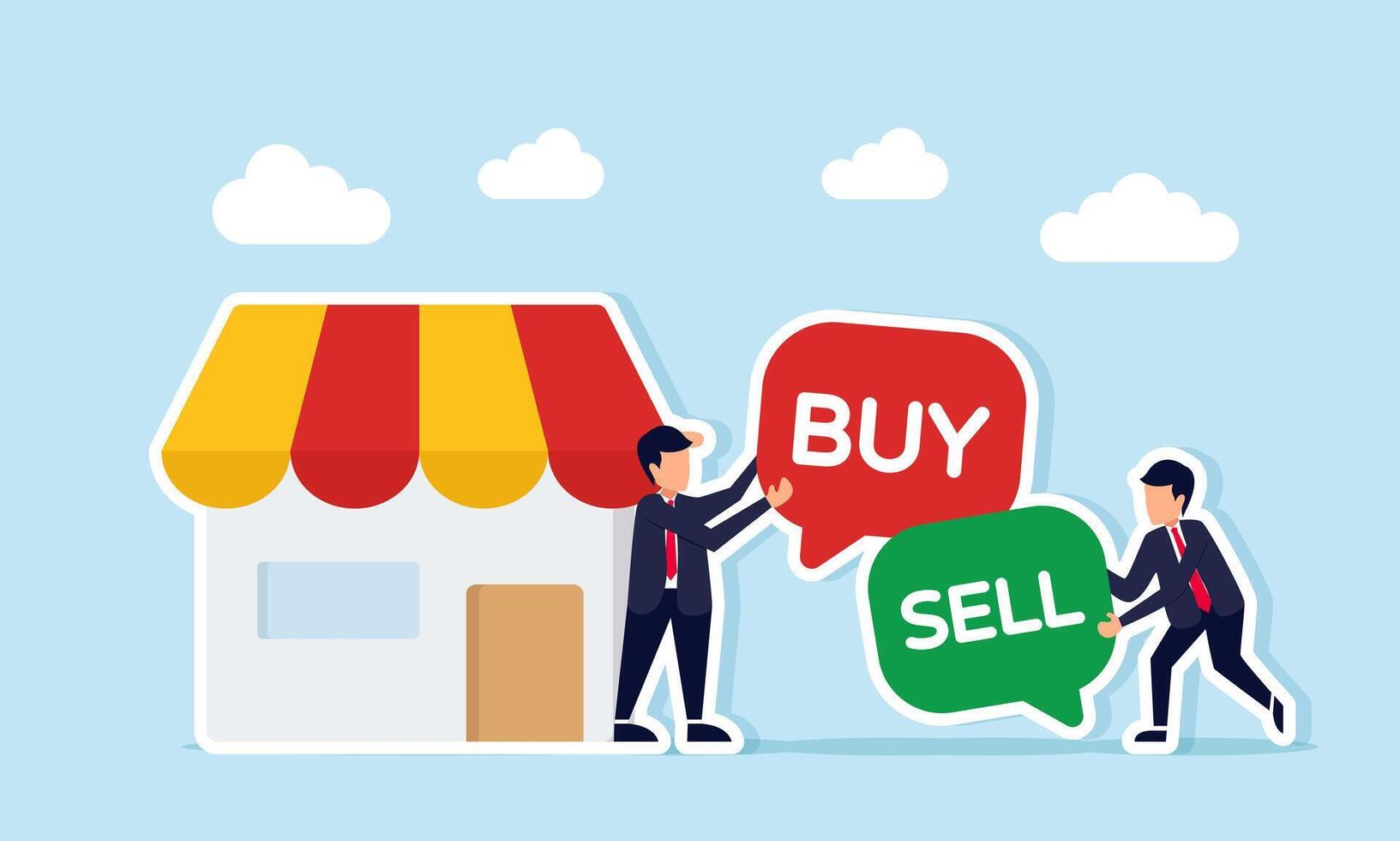 Two businessmen next to a store each holding chat bubbles with buy and sell text illustration of business product transaction vector