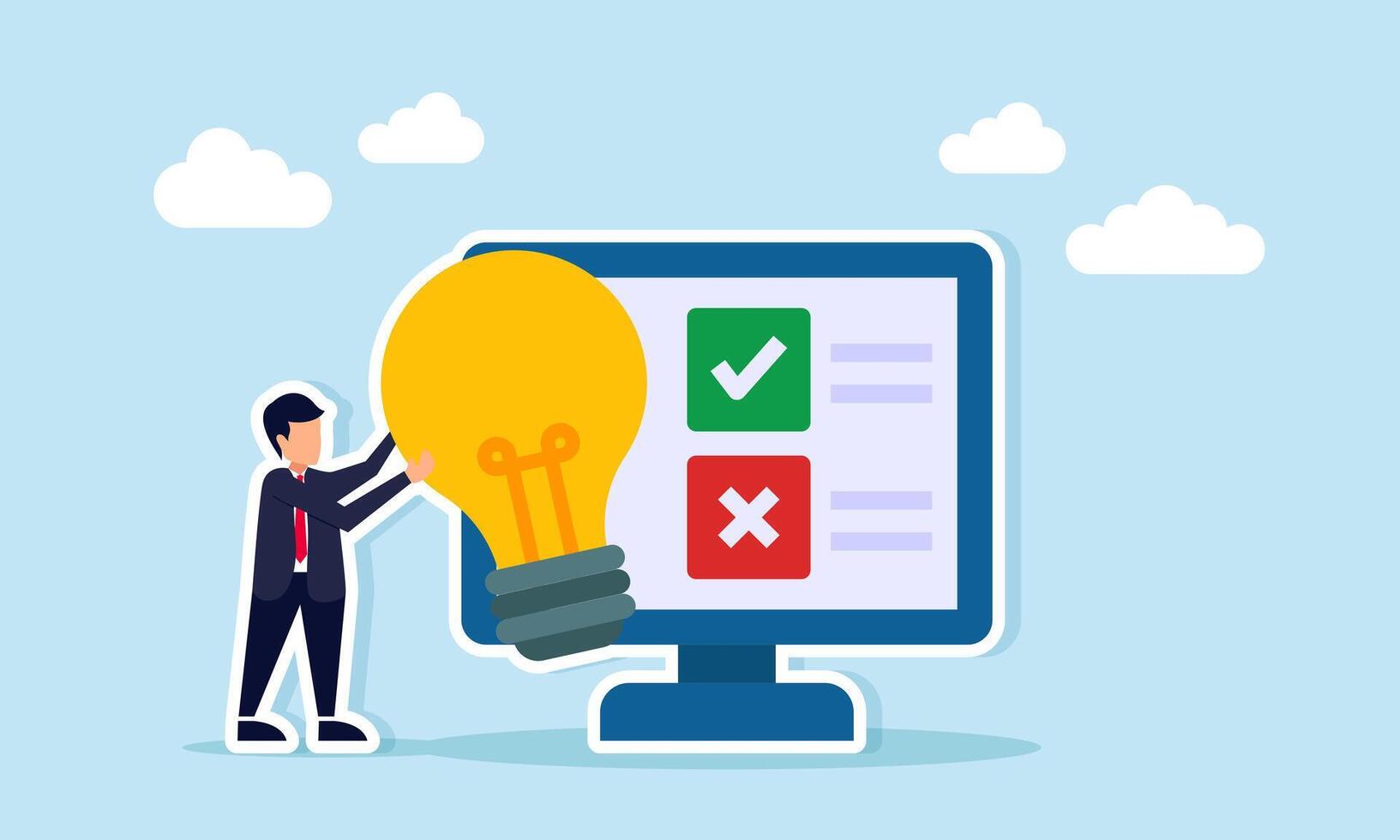 Businessman holding lamp beside monitor showing check and cross signs illustration of differing opinions in applying business ideas vector