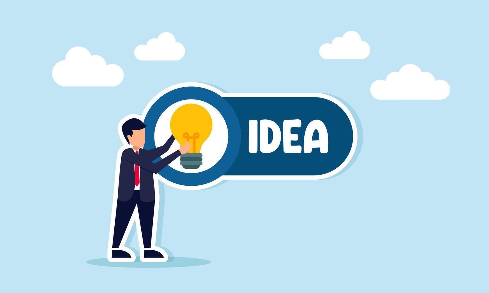 Businessman placing lightbulb on board labeled IDEA illustration of idea suggestion promotion and socialization vector