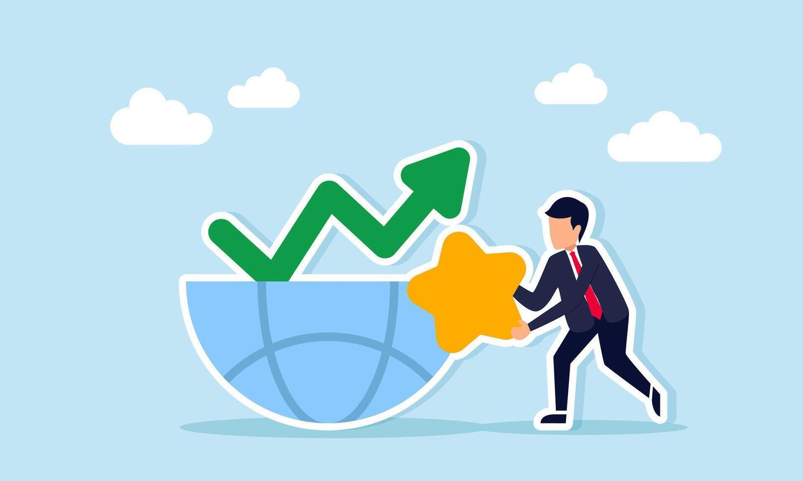 Businessman holding a star next to half a globe with a line chart illustration of the importance of good quality in increasing sales and market attention vector