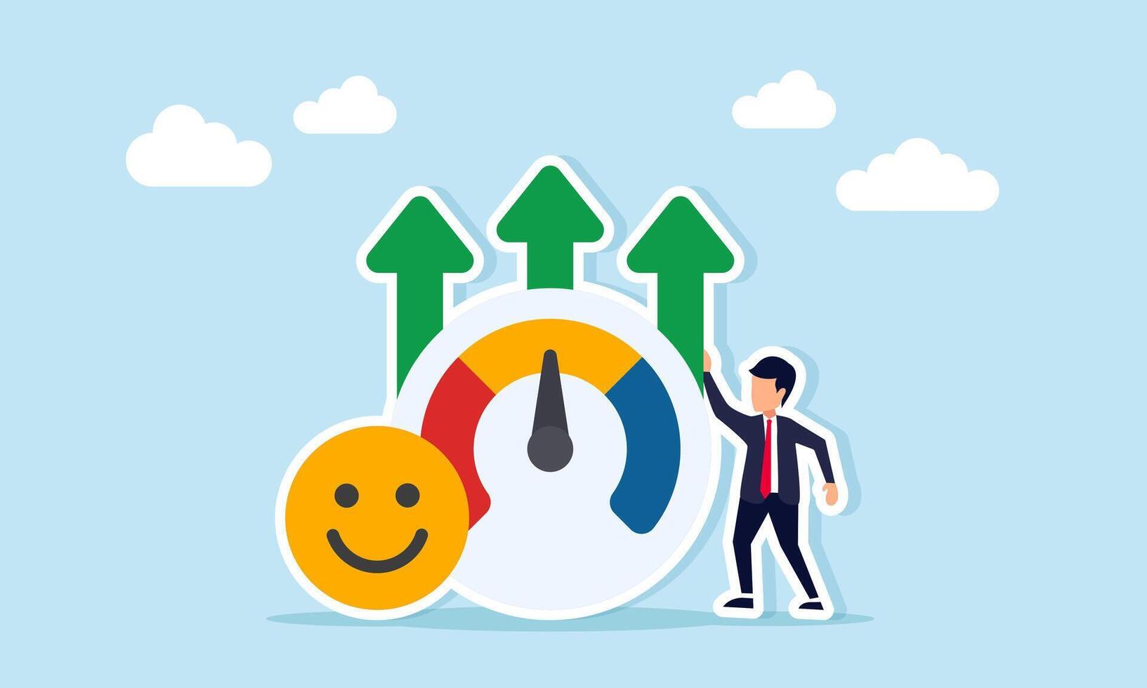 Businessman standing next to happy emoticon and level indicator with rising arrow illustration of monitoring public attention rate or review vector