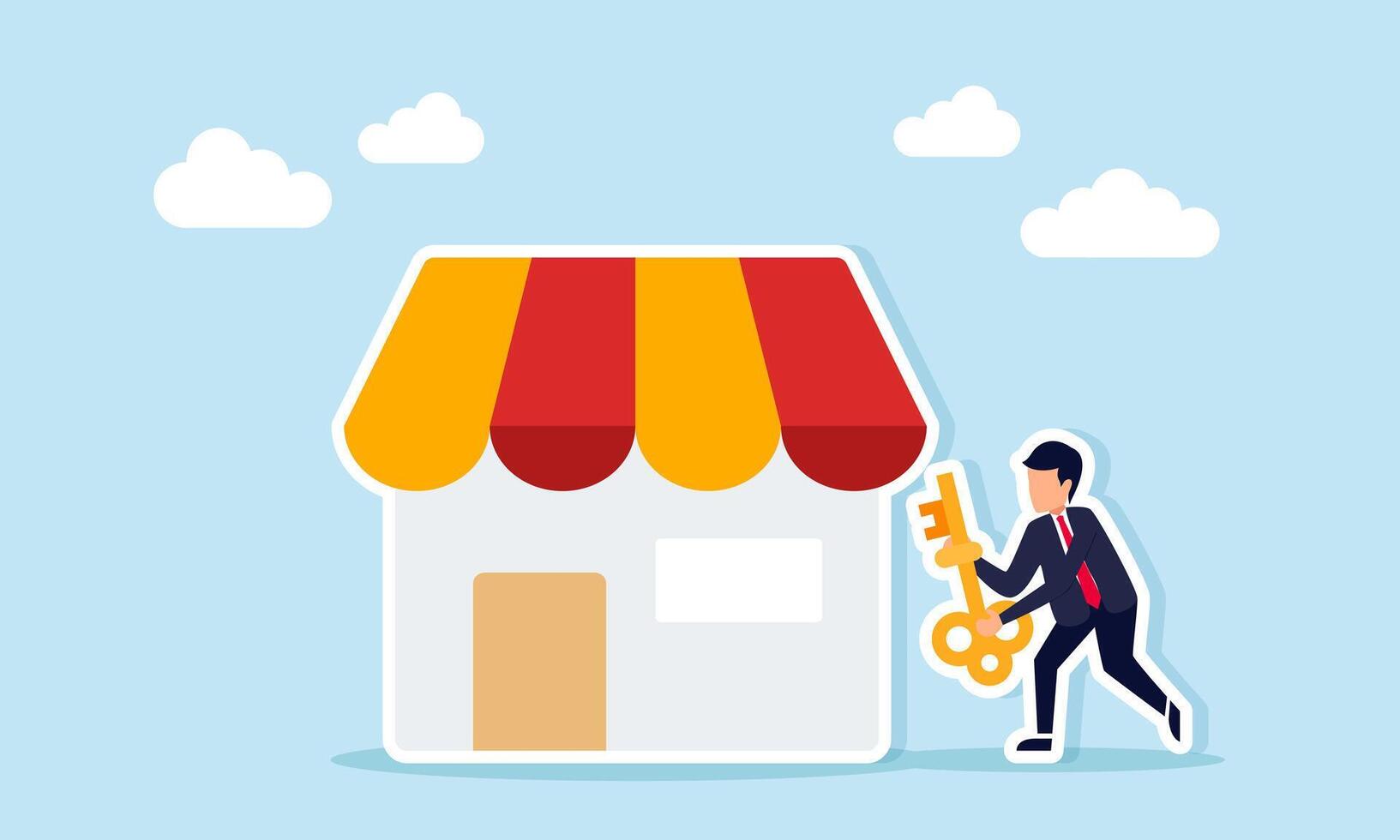 Businessman holding a key next to a store illustration of business problem solution vector