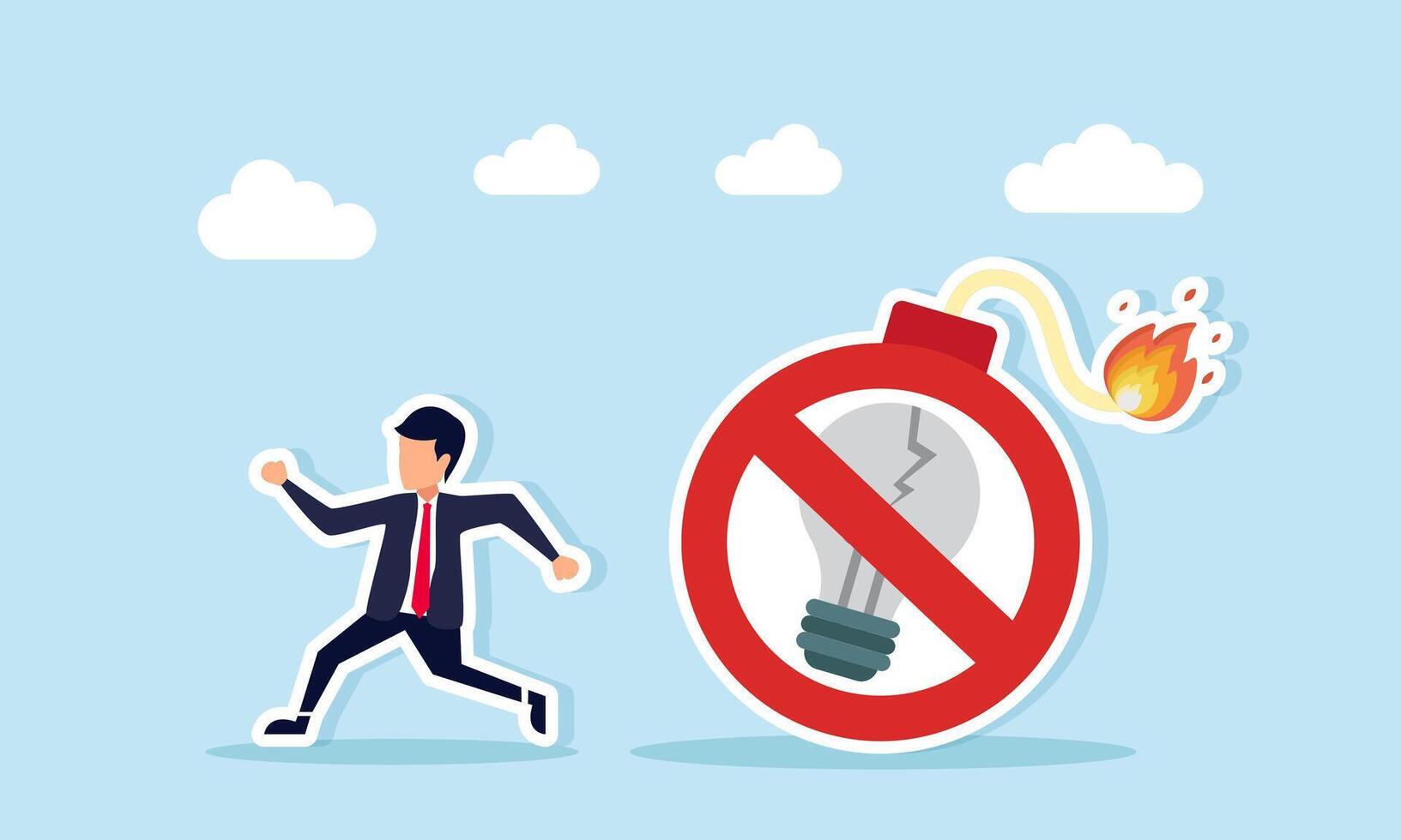 Businessman running away from a burning bomb with a cross sign on a broken lamp illustration of trapped by wrong business ideas causing big losses vector