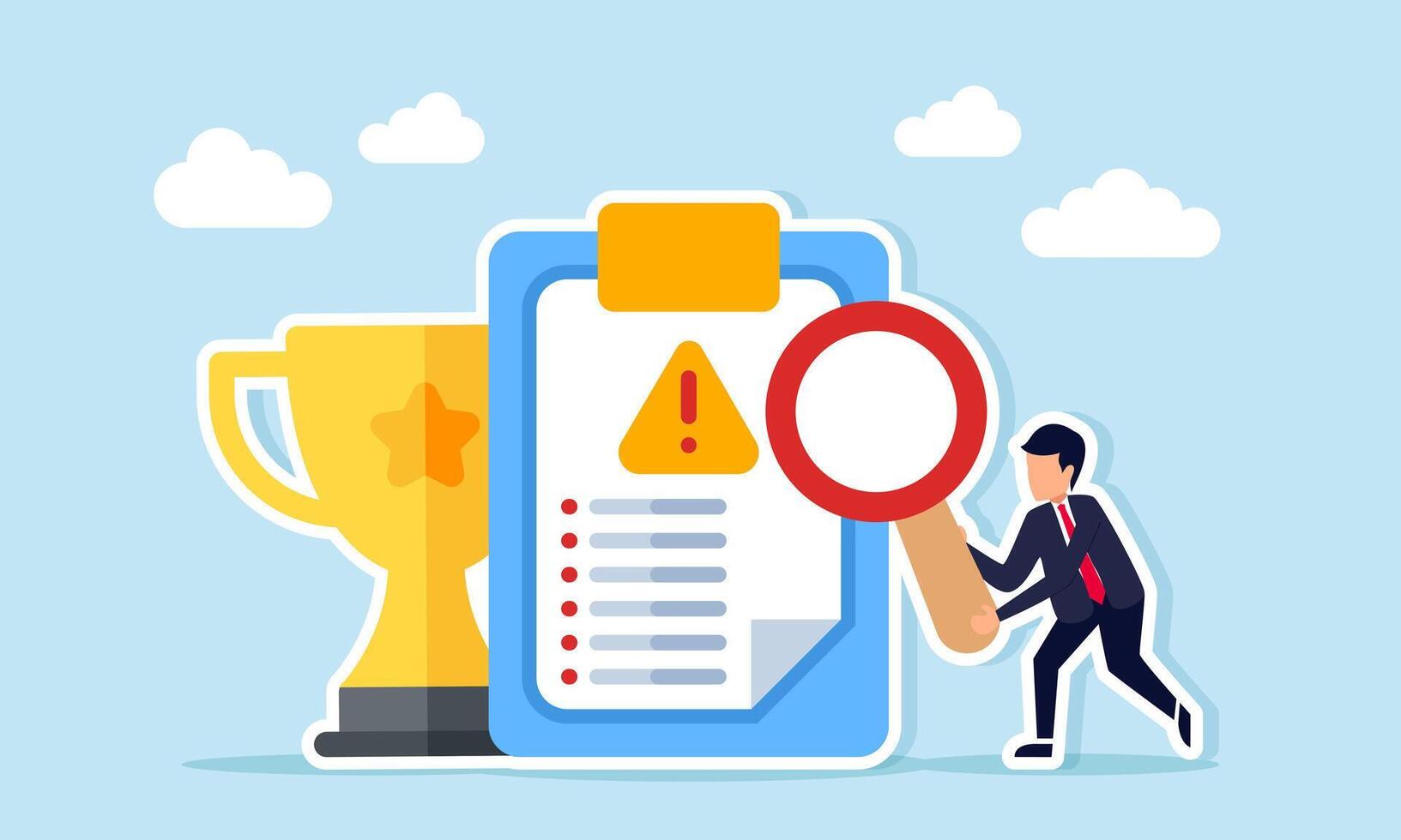 Businessman holding a magnifying glass examining a document with warning sign in front of a trophy illustration of observing and analyzing risks to maintain leading company status vector