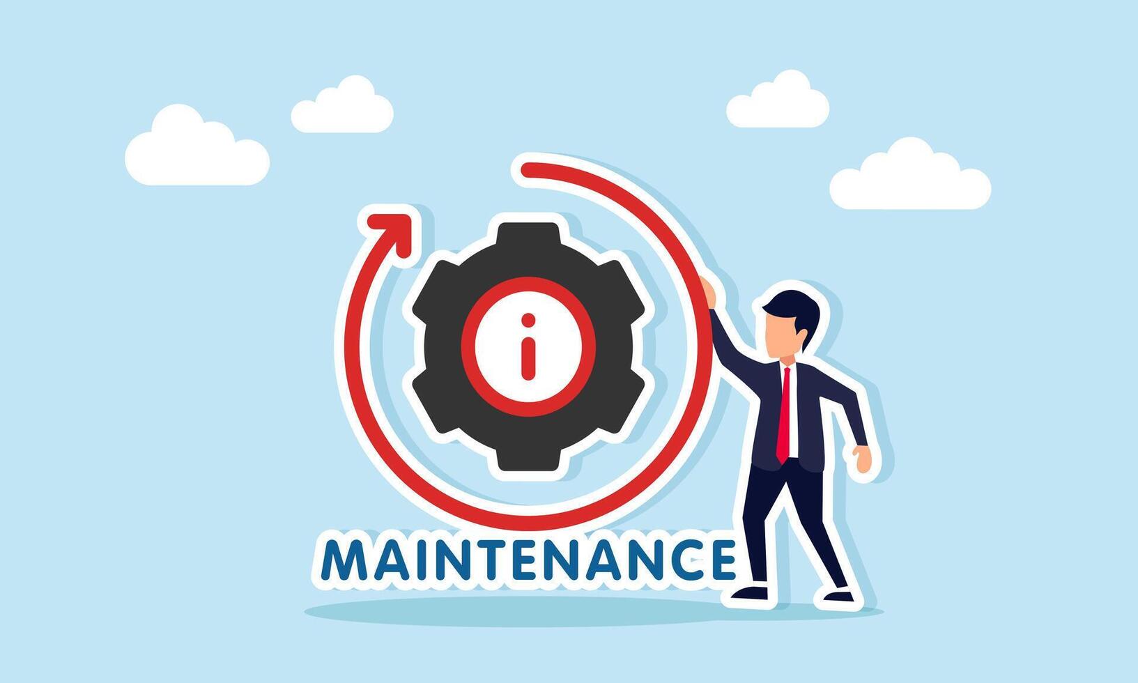 Businessman standing next to a gear with letter i and circular arrow showing maintenance, illustration of routine machine maintenance or business team performance improvement vector