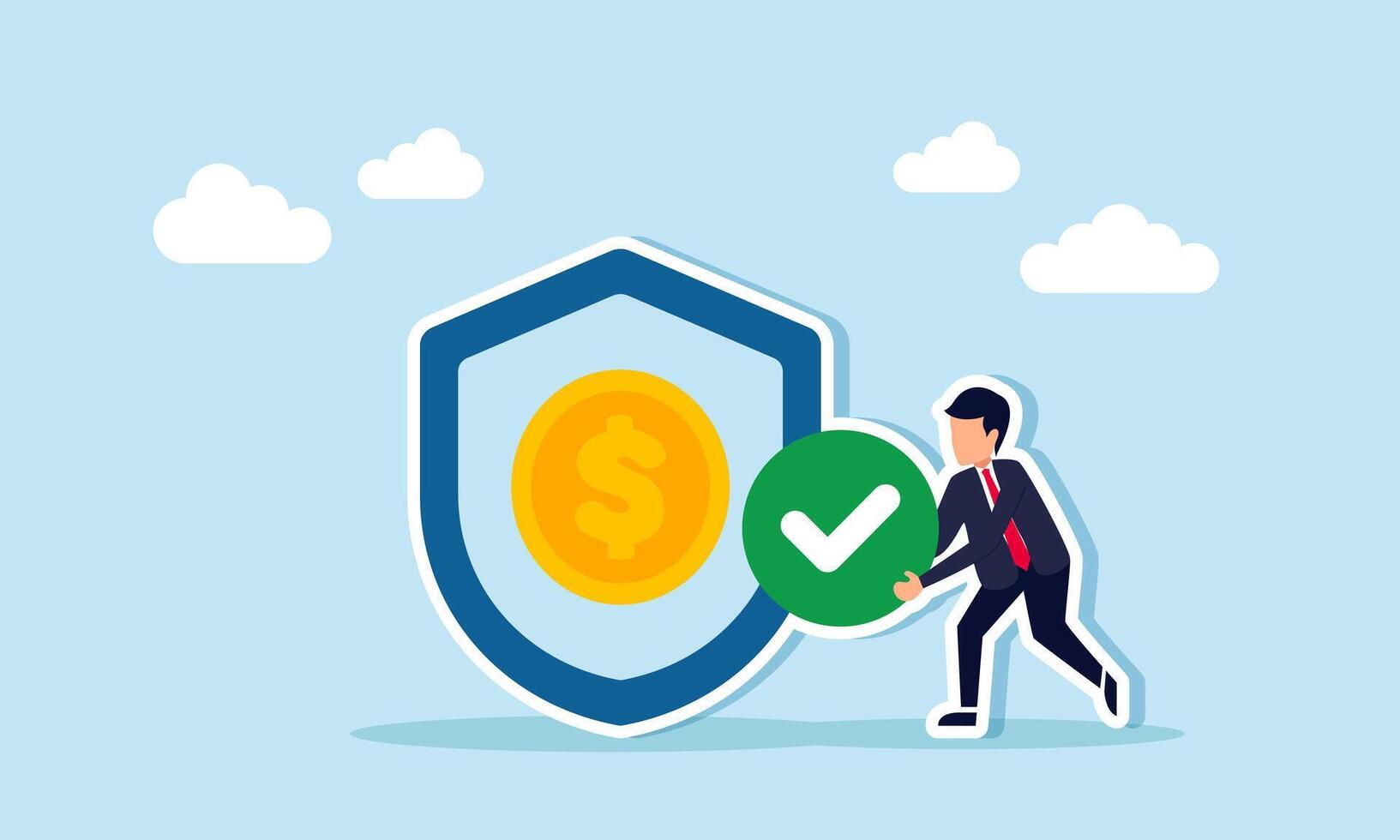 Businessman holding a checkmark next to a shield with a dollar coin illustration of trusted and verified financial insurance vector