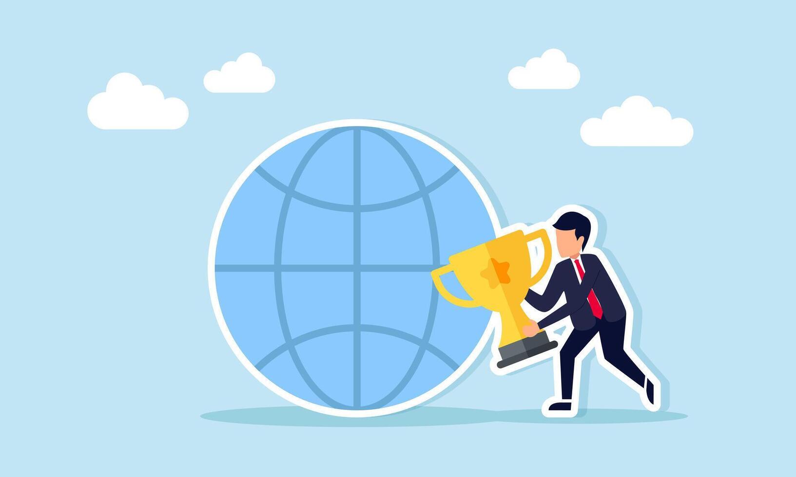 Businessman standing beside globe holding trophy illustration of leading company international business sector vector