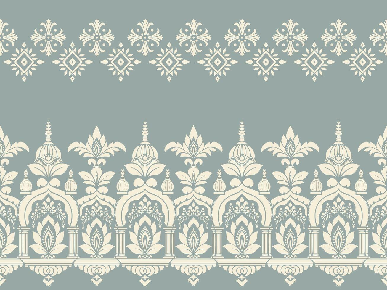 Ikat embroidery style with ethnic motifs, including floral, paisley, and abstract patterns. Traditional ikat patterns inspired by saree and sarong designs with oriental and intricate embroidery, vector