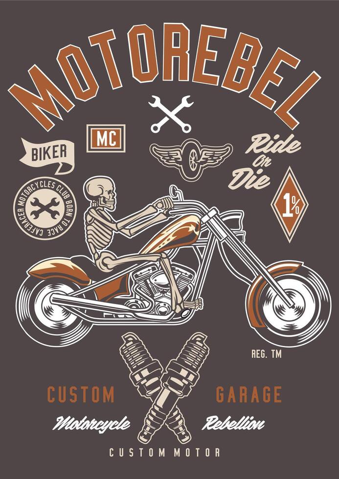 Vintage Motorcycle Skull Retro T-Shirt Graphic Design Art vector
