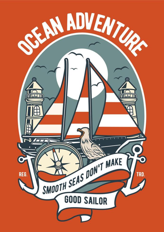 Vintage Nautical T-Shirt Graphic, Retro Sea Voyage Illustration, Ocean Explorer Tee Art vector