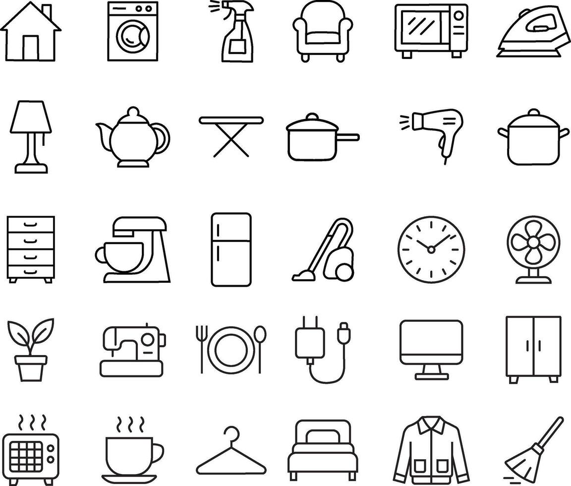 Flat icons set of household items including furniture kitchen tools and home essentials vector