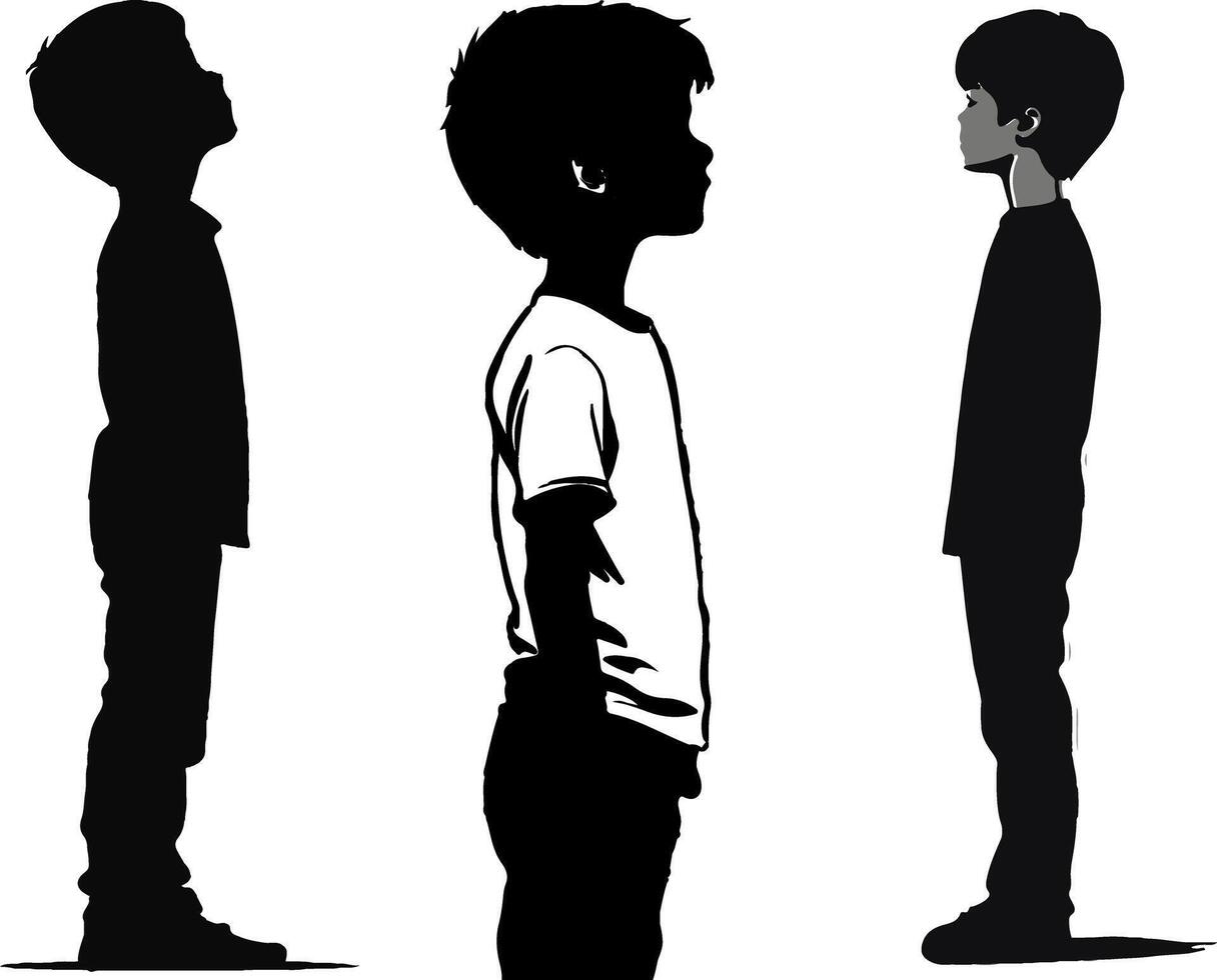 A boy standing sideways, simple silhouette, black and white vector