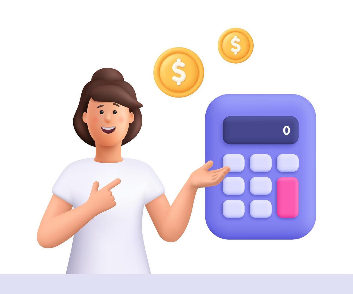 Young smiling woman Jane pointing to big calculator. Business, finance, accounting, tax and budget planning concept. 3d people character illustration. Cartoon minimal style. vector