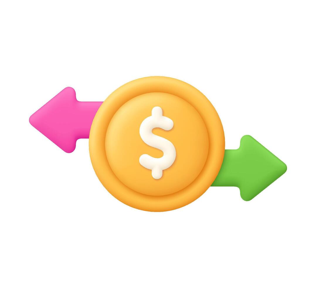 Dollar coin with arrow right and left. Investment, financial transaction, business and finance concept. 3d icon. Cartoon minimal style. vector