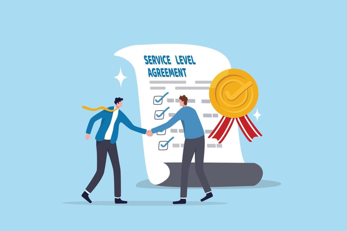 SLA service level agreement, commitment or support contract for uptime, availability or resolution for service problem, guarantee concept, businessman handshake with SLA checklist contract agreement. vector