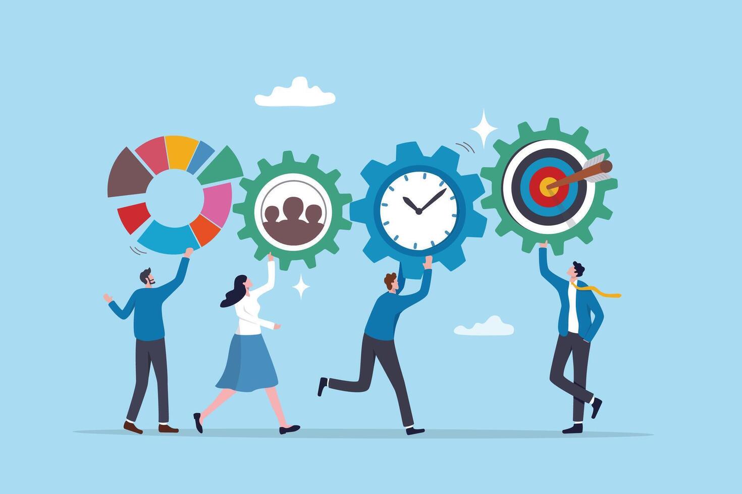 Optimization, improvement or strategy to improve result to increase efficiency or productivity to reach goal or target success, business people connect cogwheel gear to optimize result to reach goal. vector