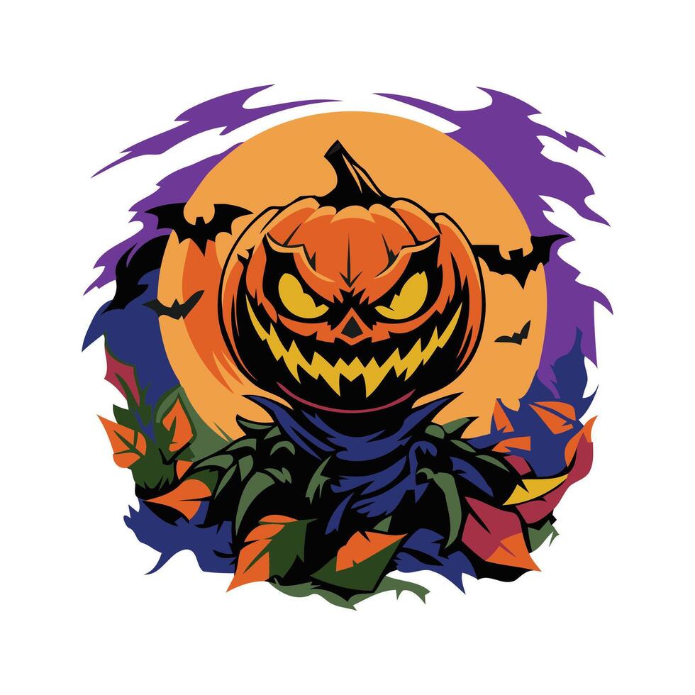 Halloween pumpkin with bat and bat wings illustration vector