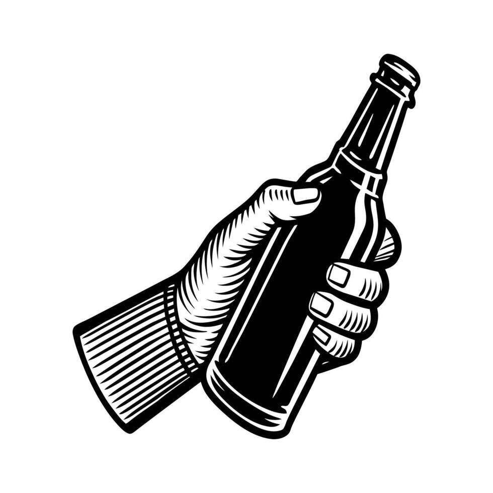 A hand holding a beer bottle in a woodcut style vector