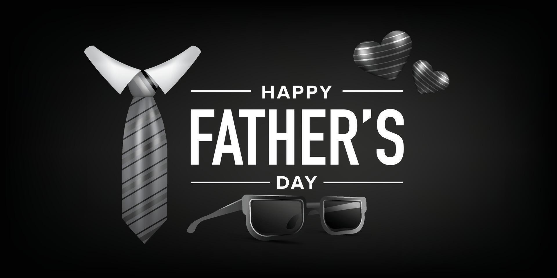 Elegant Black Fathers Day Background with Tie, Sunglasses, and Heart Elements for Masculine Celebration Greeting Cards and Banner Templates vector