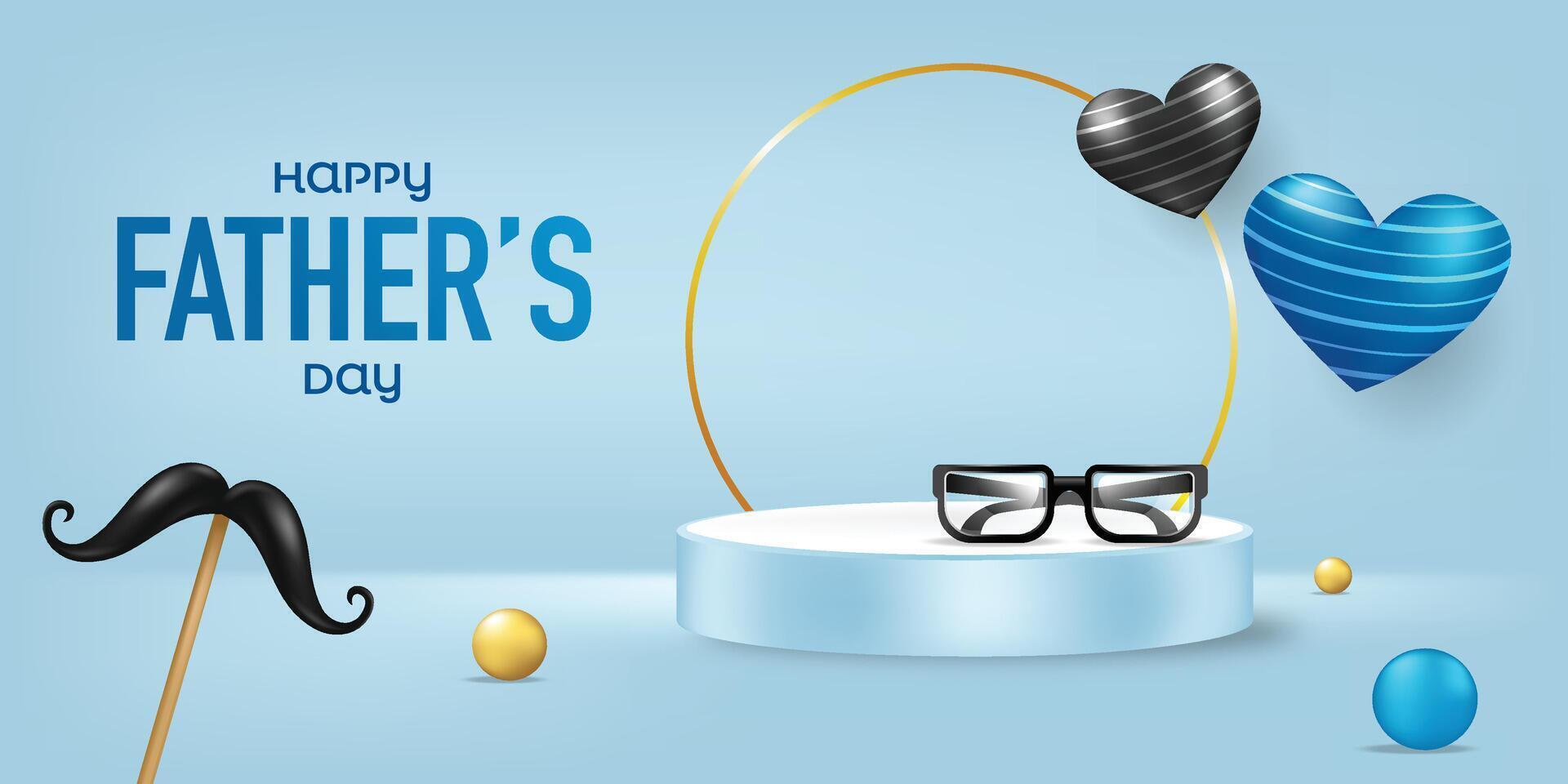 Father's Day Product Display Banner with Mustache, Pearls, glasses and Hearts on Blue Background vector