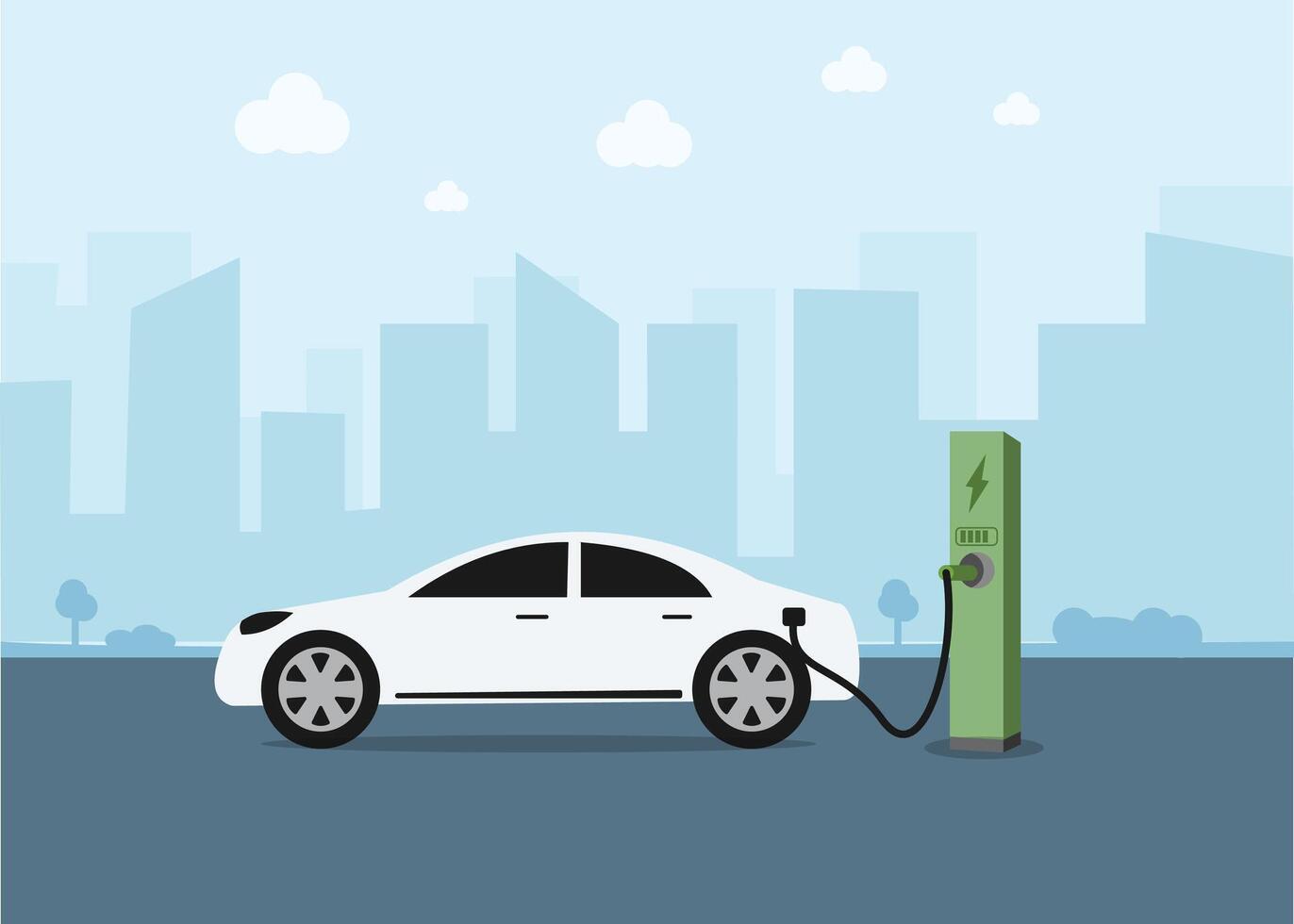 Electric car charging at the charger station with a plug in cable. vector