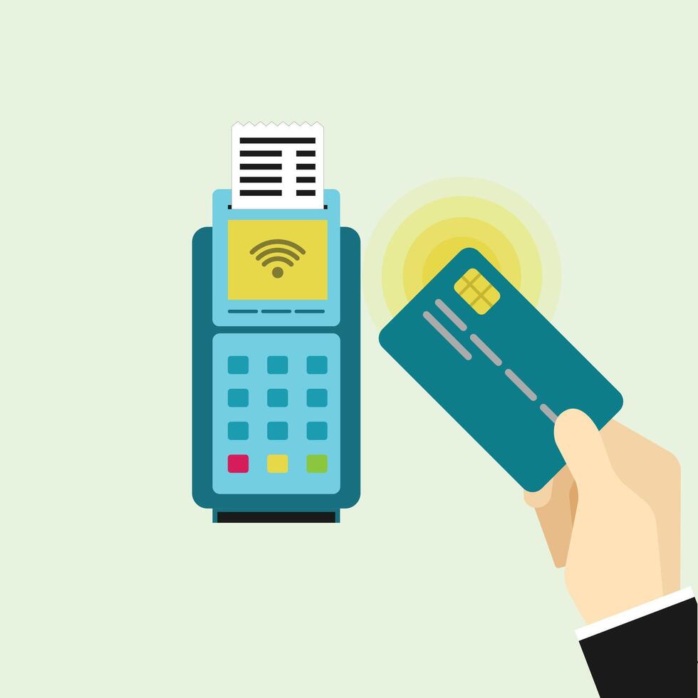 Contactless payment icon. Credit card and hand, wireless NFC pay. vector