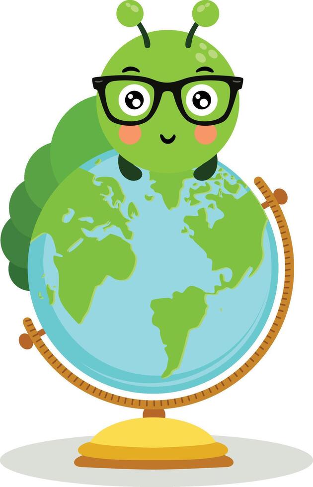 Smart Green Caterpillar Explores the Globe vector