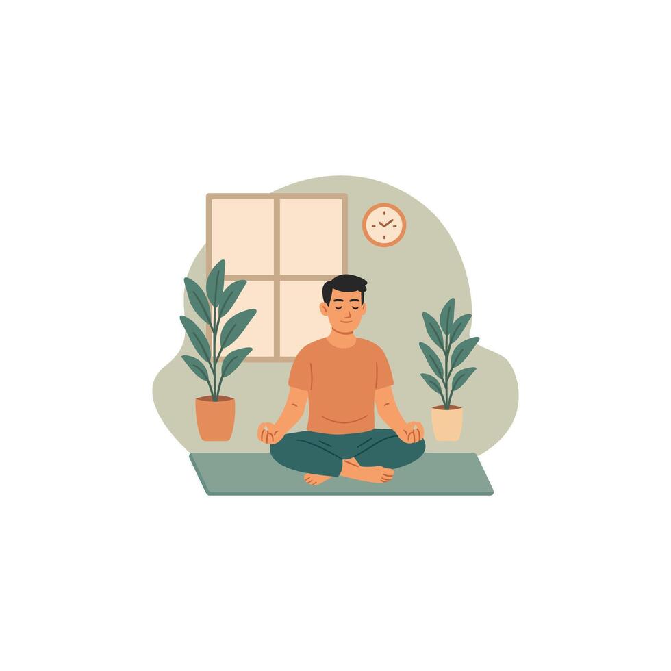 Flat Design Illustration of a Man Meditating at Home for Mental Health and Wellness vector
