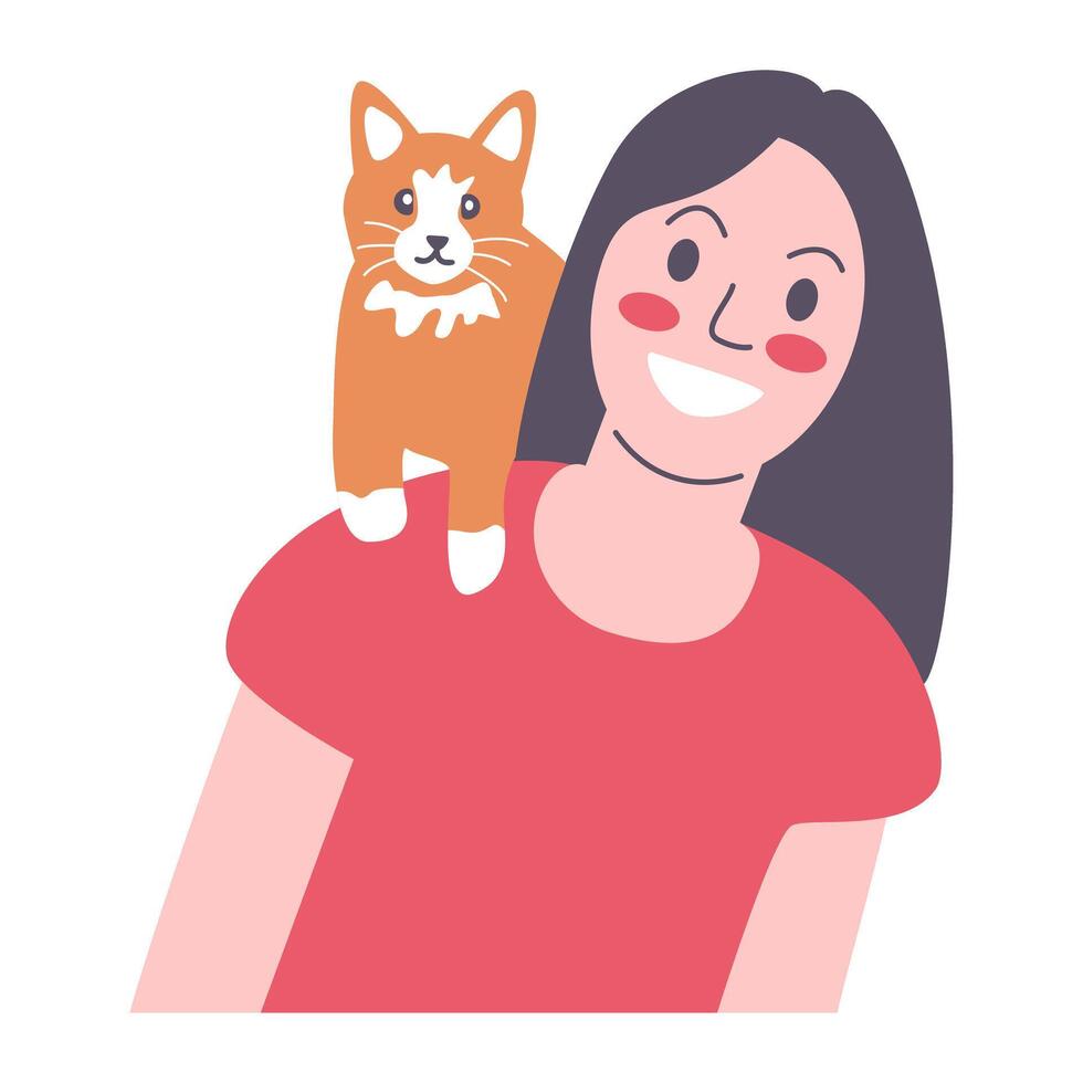 Smiling Woman with Orange Cat on Shoulder vector