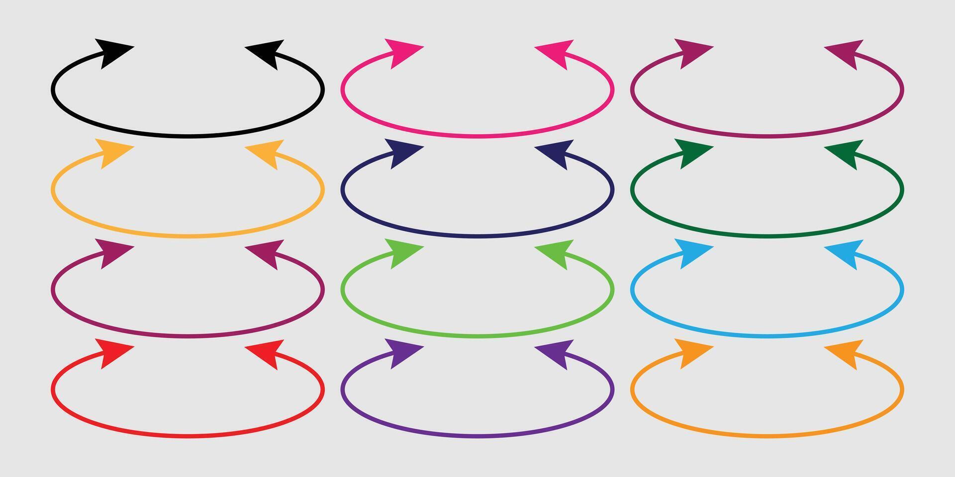Dual sided arrow icons. Dual semi circle arrows. Semi-circular different colour thin double ended arrows isolated on white background. illustration. eps 10 vector