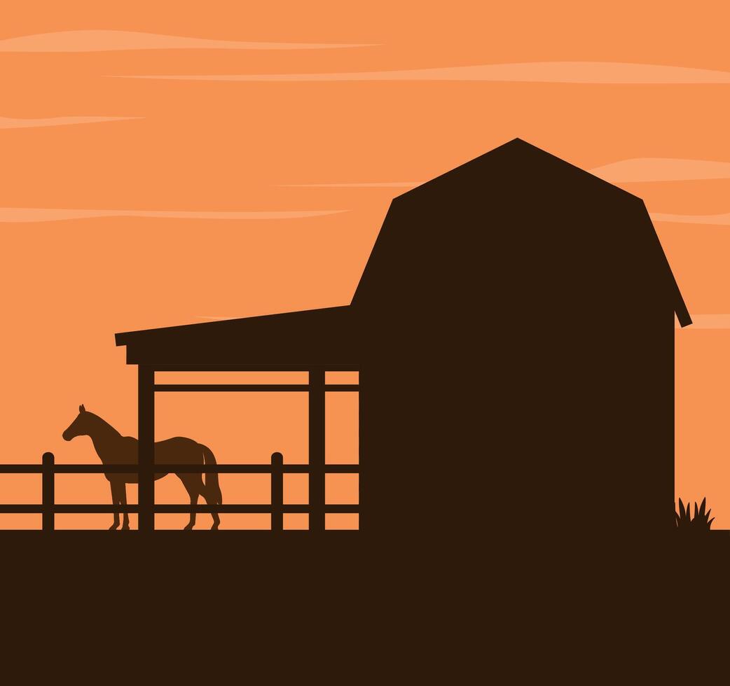 Landscape with silhouette of barn, horse and fence. Stable on the farm. Farming. vector
