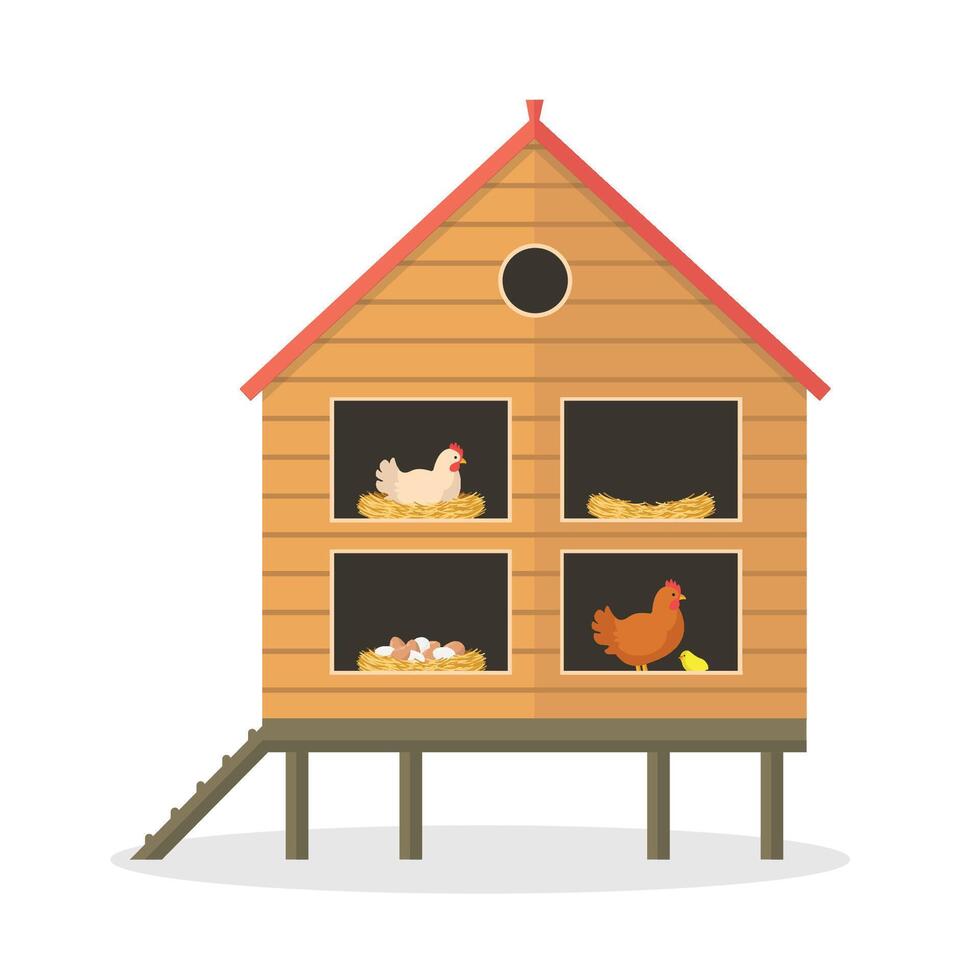 Two-story chicken coop icon with hens, eggs and chick on white background. Farm chickens. vector
