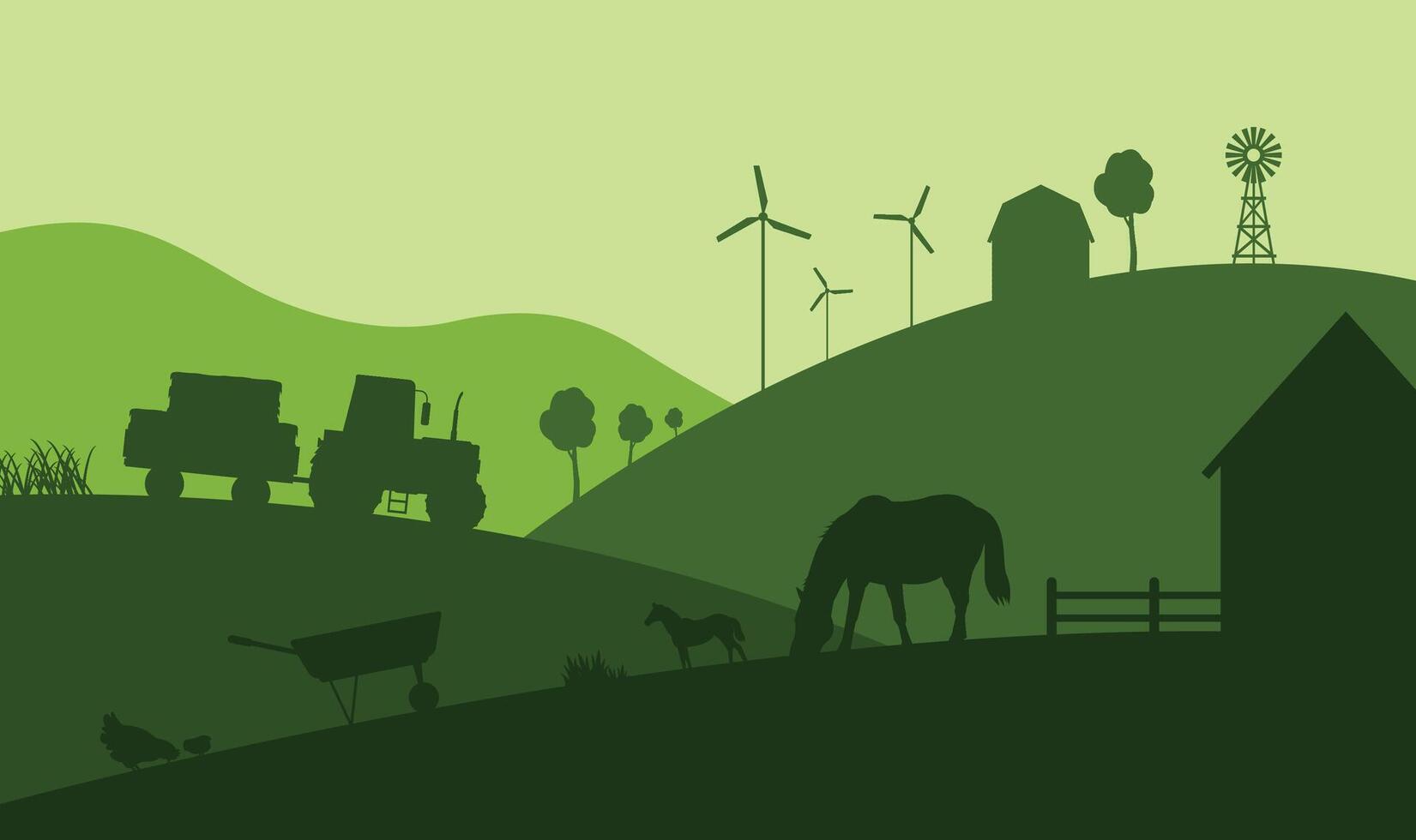 Silhouette of a farm with horses, chickens, barns, tractor and other elements. Agriculture. Harvest. vector