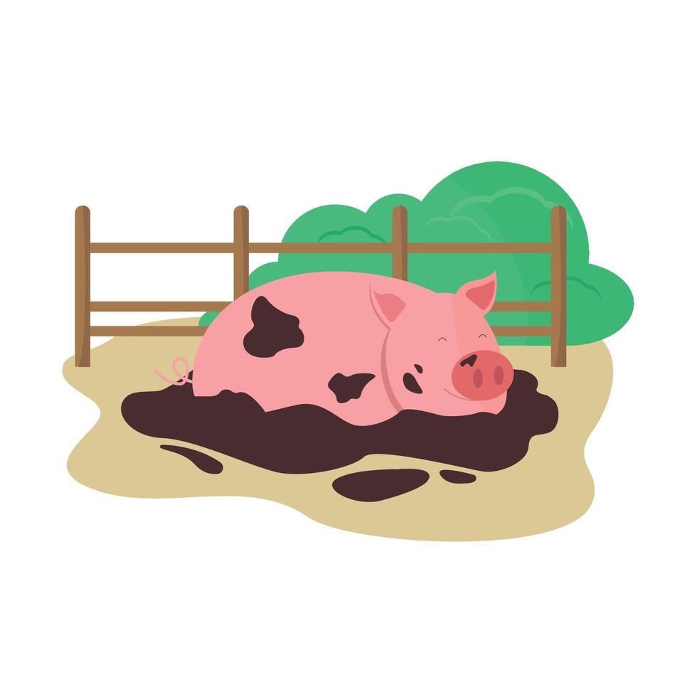 Piglet lies in a dirty puddle near the fence. Farm situation. Farm animal. Banner. vector