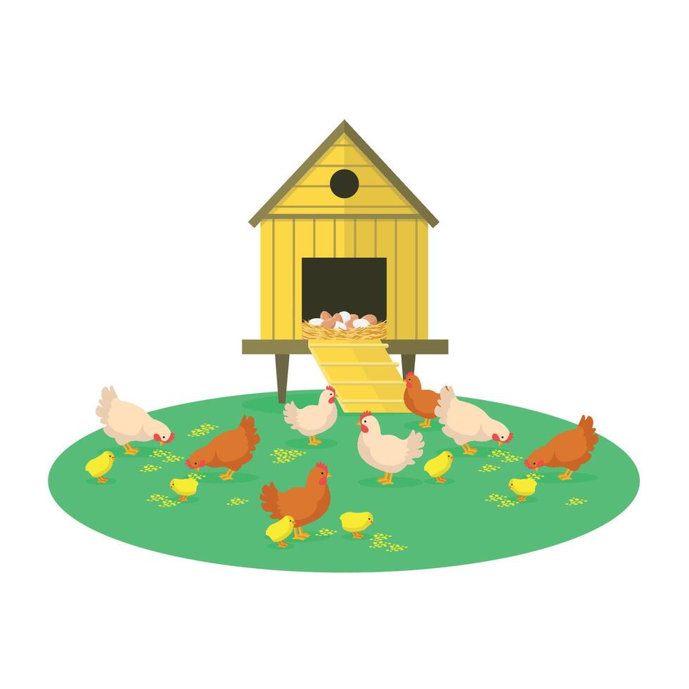 Chicken coop icon with eggs, hens and chicks pecking grains. Farm, chicken breeding. Harvest. vector