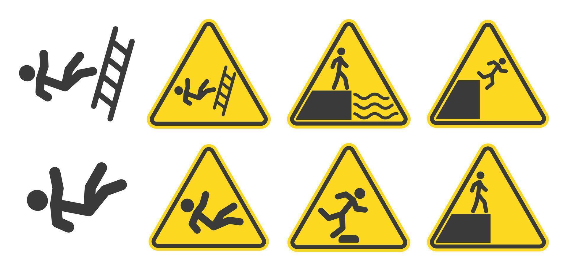 Person falls down the ladder icon. Fall down caution hazard icon symbol. High drop. Falling danger sign. Deep water. illustration. Isolated on white background. vector