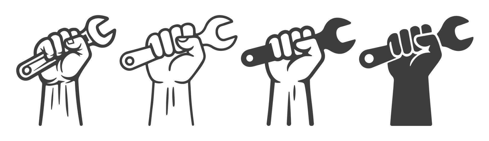 Hand holding wrench flat symbol icon set. Fist and wrench tool logo sign collection. Handy man, fix, repair, service. illustration image. Isolated on white background. vector