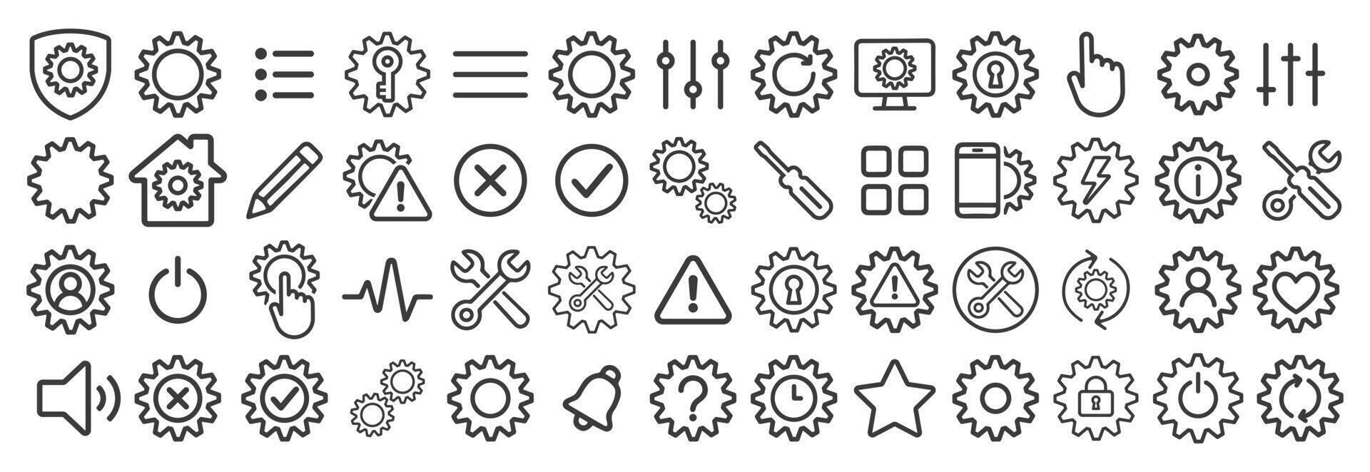 Setup and Settings line icon set. IU Gear icons collection. Management, Options, Configuration, Controls, Preferences, Setup, Control Panel, Equalizer, Service Icons. Isolated on white vector
