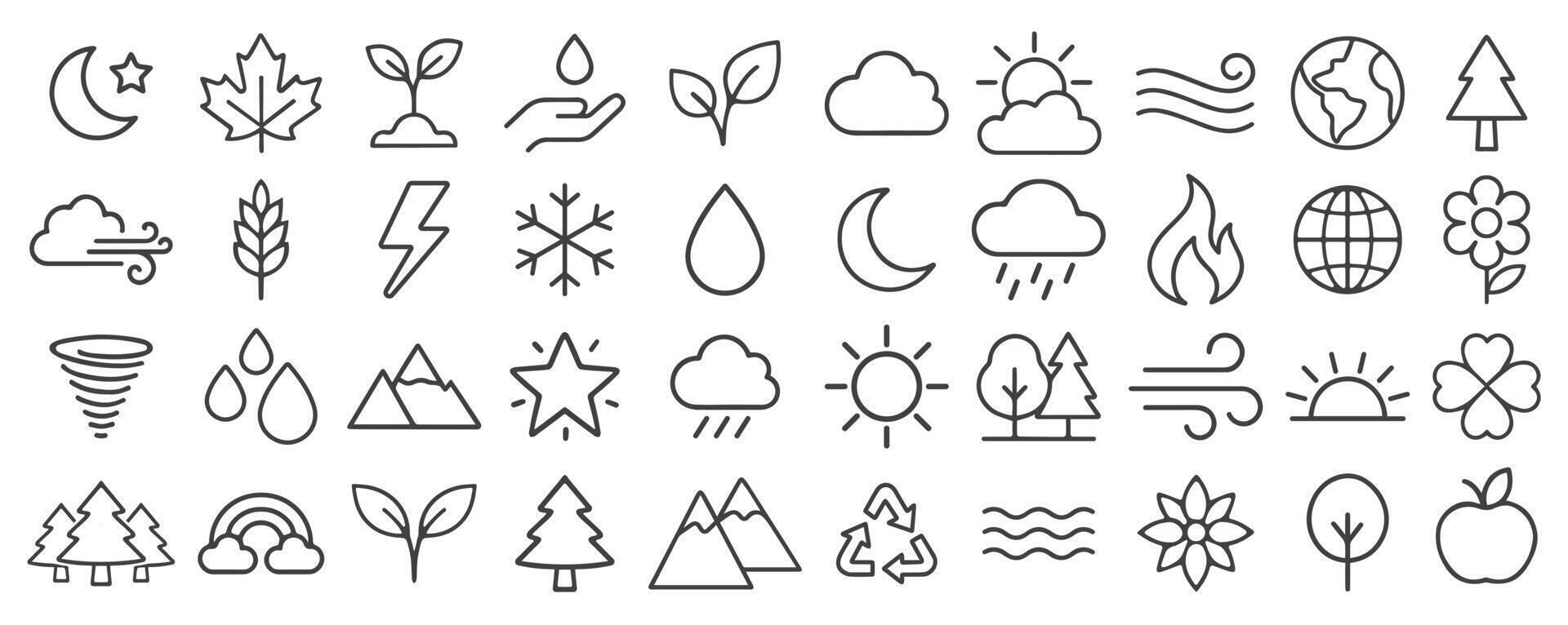 Nature line icon symbol set. Fresh environment, weather forecast icons collection. sun, mountain, tree, ecology, plant, cloud, fire. illustration. Isolated on white background. vector