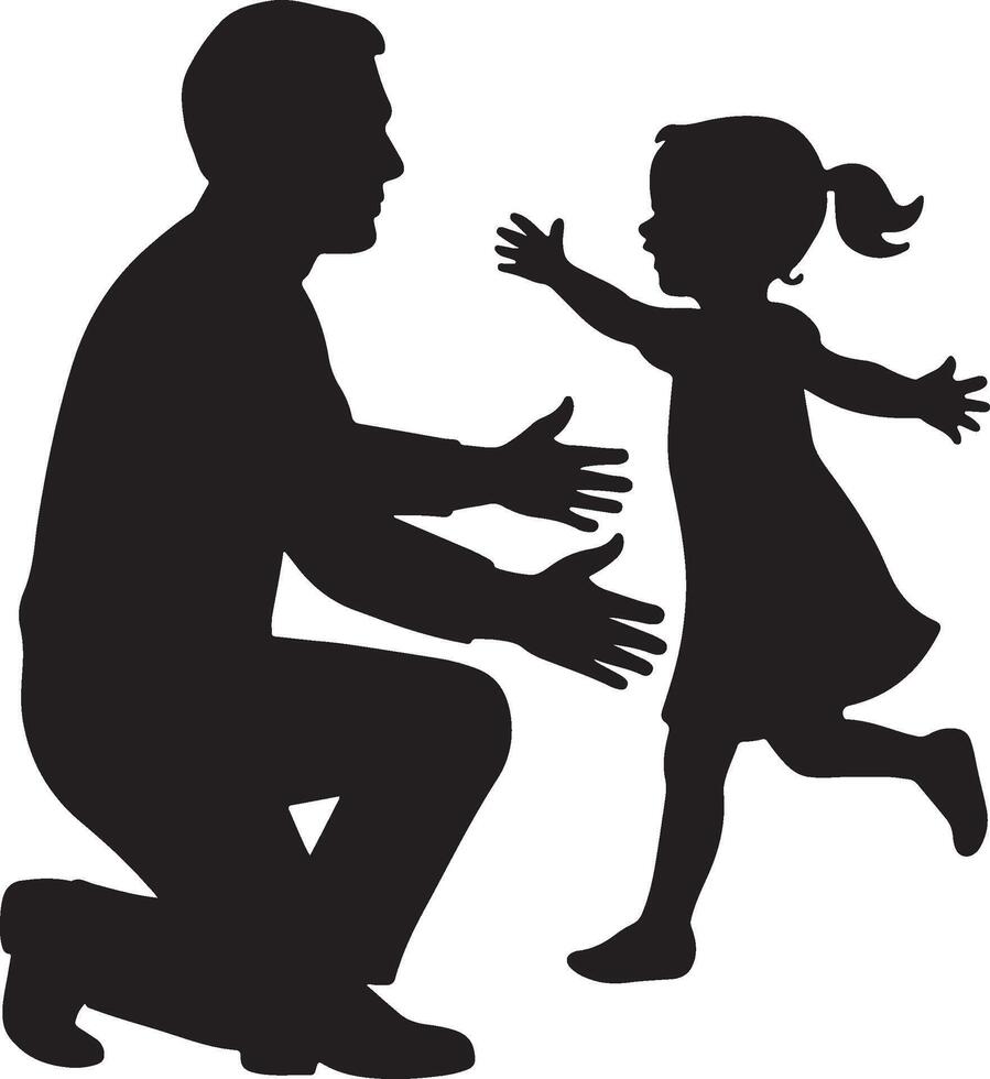 Daughter Running into Father Arms Silhouette, Emotional Family Moment vector