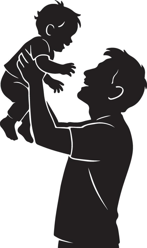 Father Lifting Baby in the Air Silhouette, Joyful Bonding and Parenting Concept vector