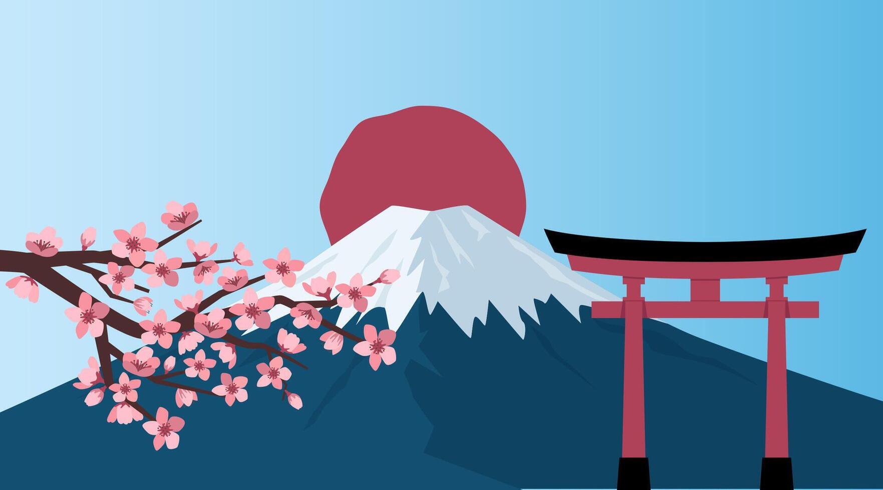 Landscape with pink cherry blossom, a mountain with a snowy peak and the sun. Banner with sakura branches and Mount Fuji. illustration. vector