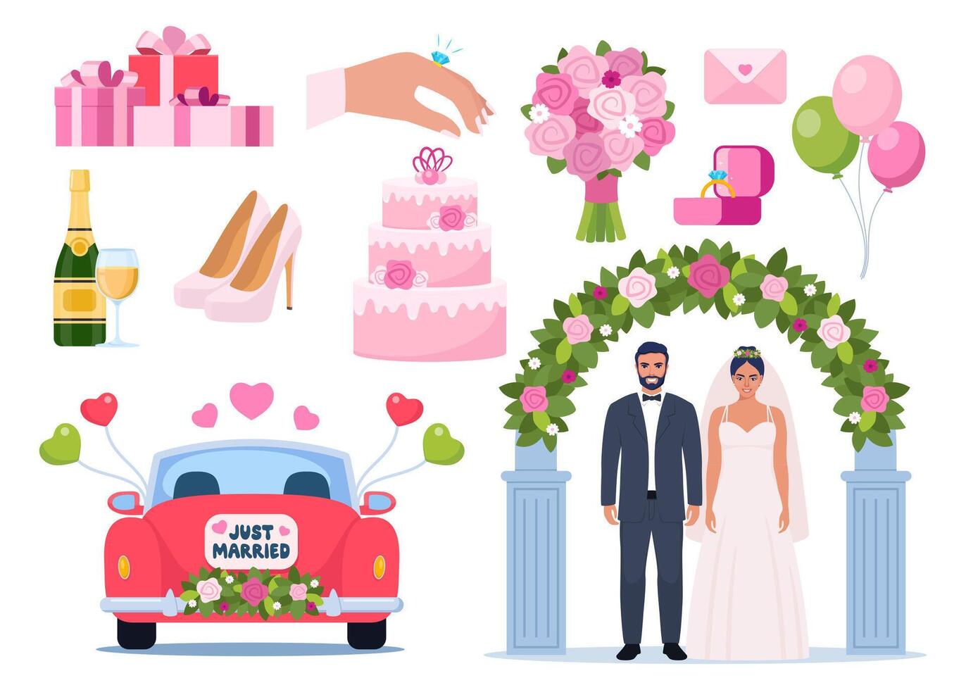 Groom, bride. Wedding accessories, decorations set. Party, proposal, wedding, anniversary elements. Celebrate marriage, save date ceremony vector