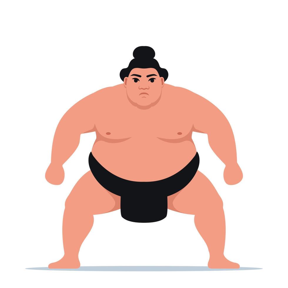 Sumo wrestler standing in crouch stance. of Heavy fat sportsman character. Fighting Japanese traditional martial art and sport activity. illustration. vector