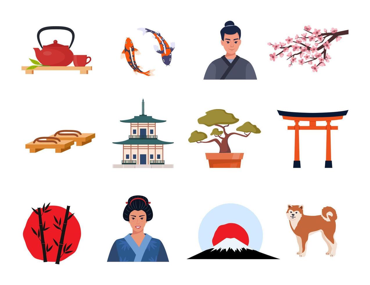 Japanese Traditional icons. Geisha, samurai, katana, Mount Fuji, bonsai, Maneki Neko lucky cat, sakura, pagoda, bamboo, sushi, sumo, torii gate. Travel to Japan. illustration. vector